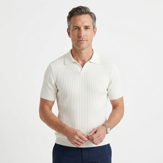 Men's ribbed knit polo with V-neck and short sleeves — casual — White