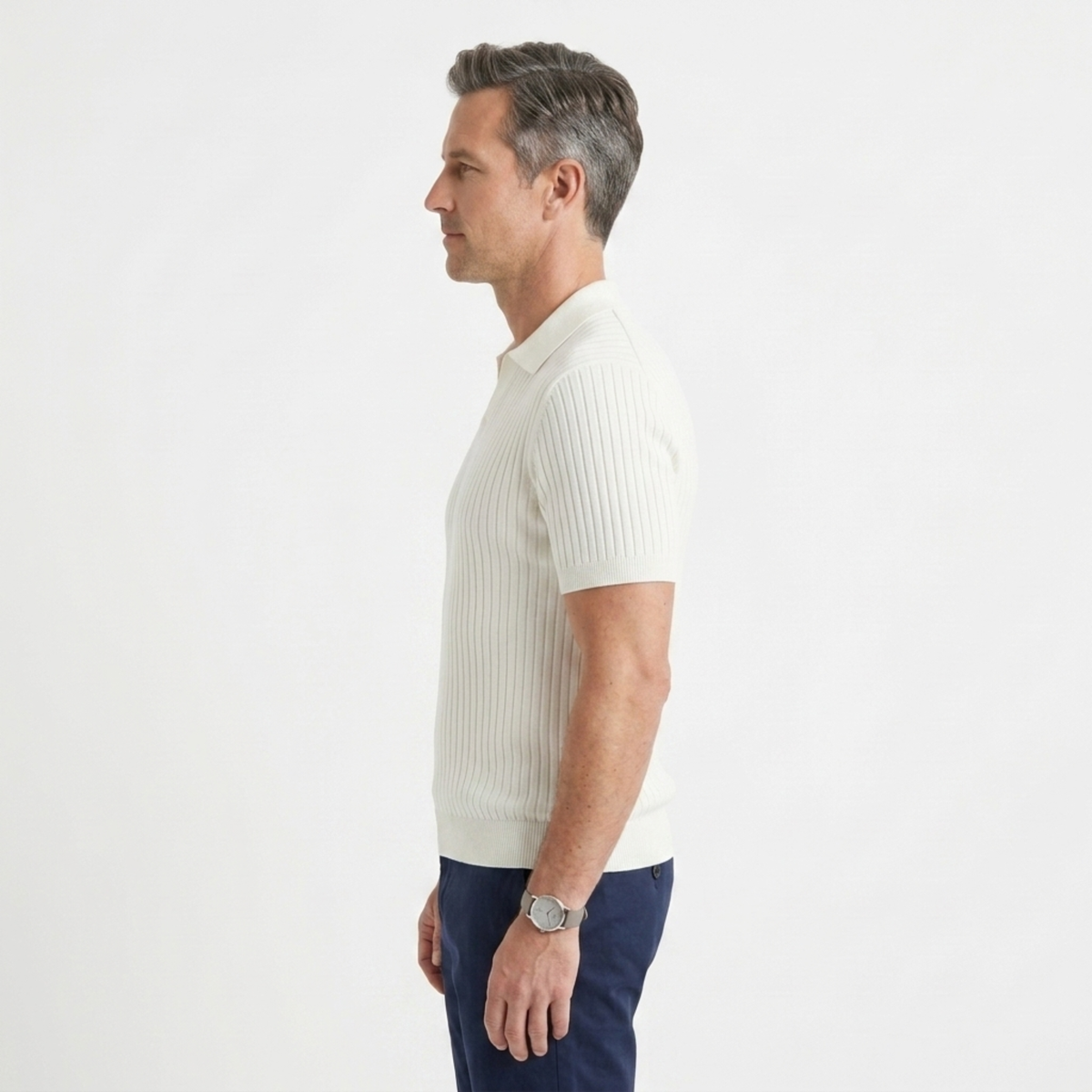 Men's ribbed knit polo with V-neck and short sleeves — casual — product view