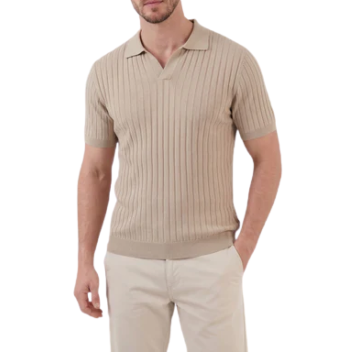 Men's ribbed knit polo with V-neck and short sleeves — casual — Beige