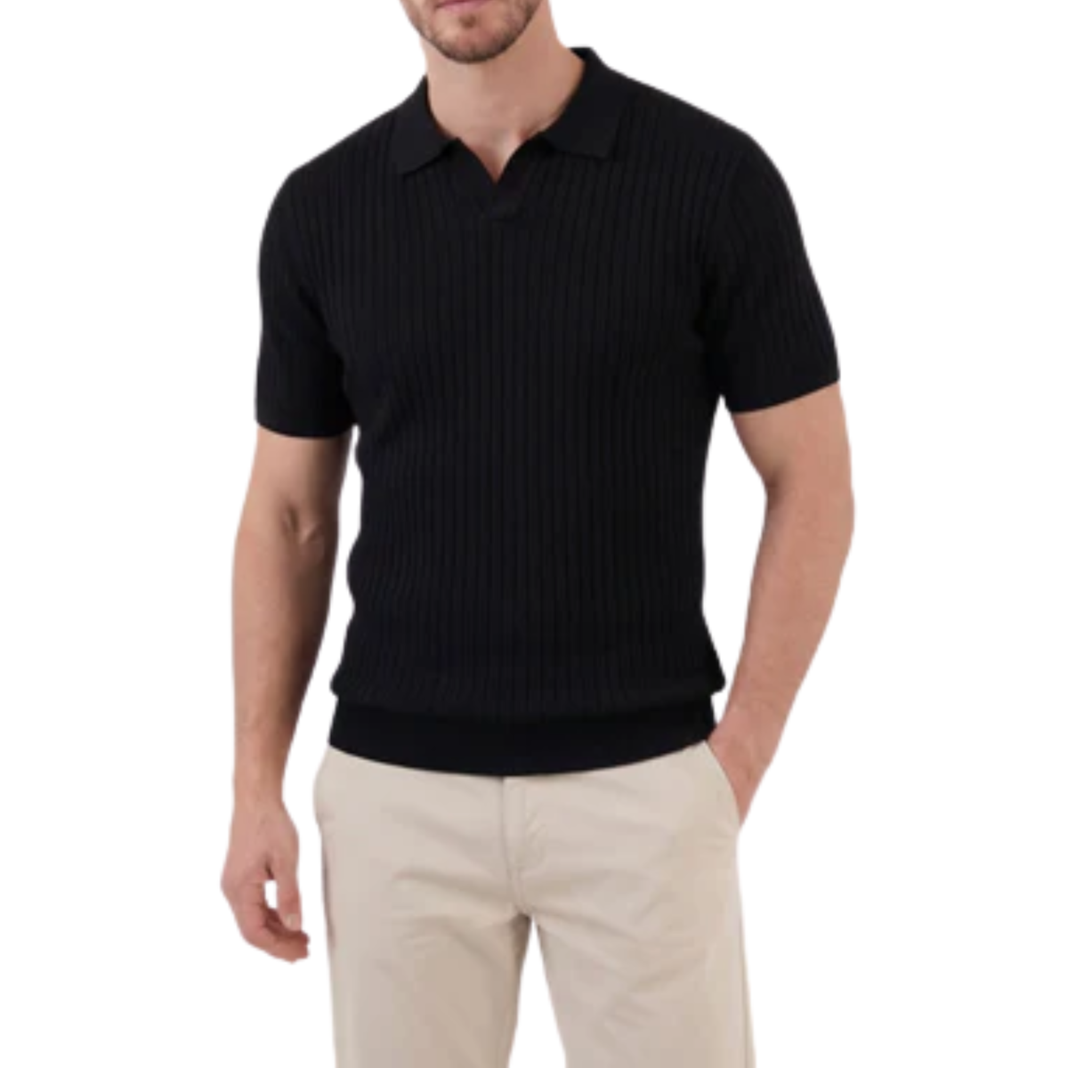 Men's ribbed knit polo with V-neck and short sleeves — casual — Black