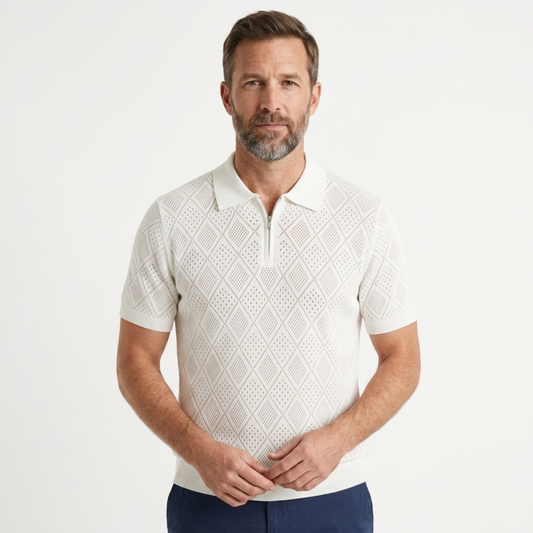 Men's openwork knit polo with zipper — travel — White