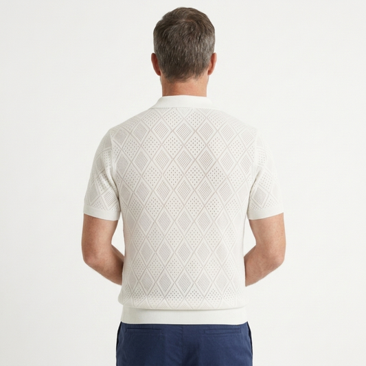 Men's openwork knit polo with zipper — travel — product view