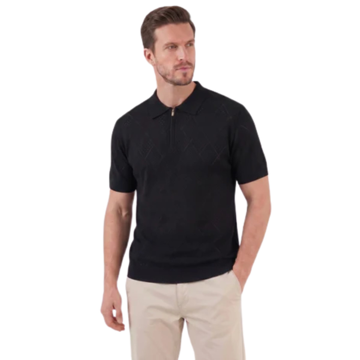 Men's openwork knit polo with zipper — travel — Black