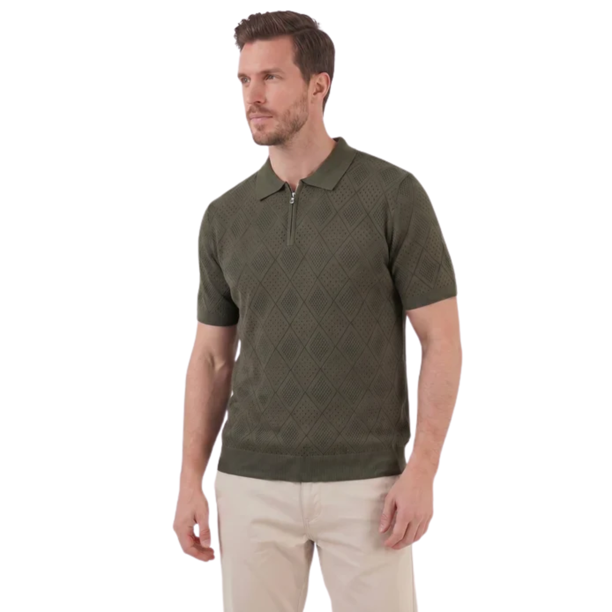 Men's openwork knit polo with zipper — travel — Green