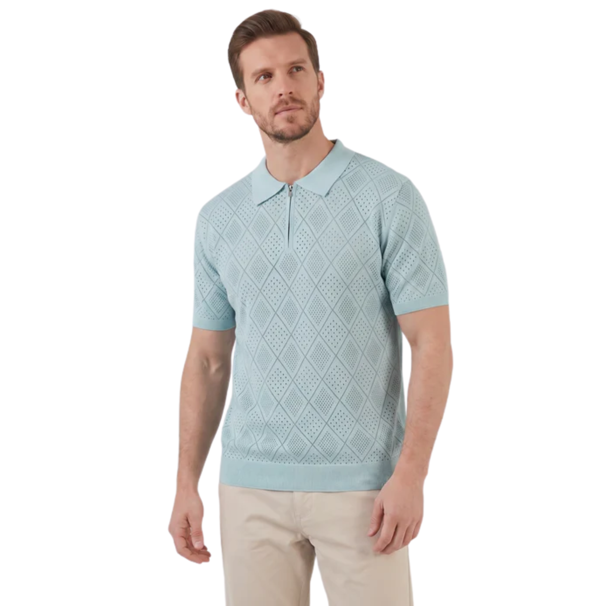 Men's openwork knit polo with zipper — travel — Light Blue
