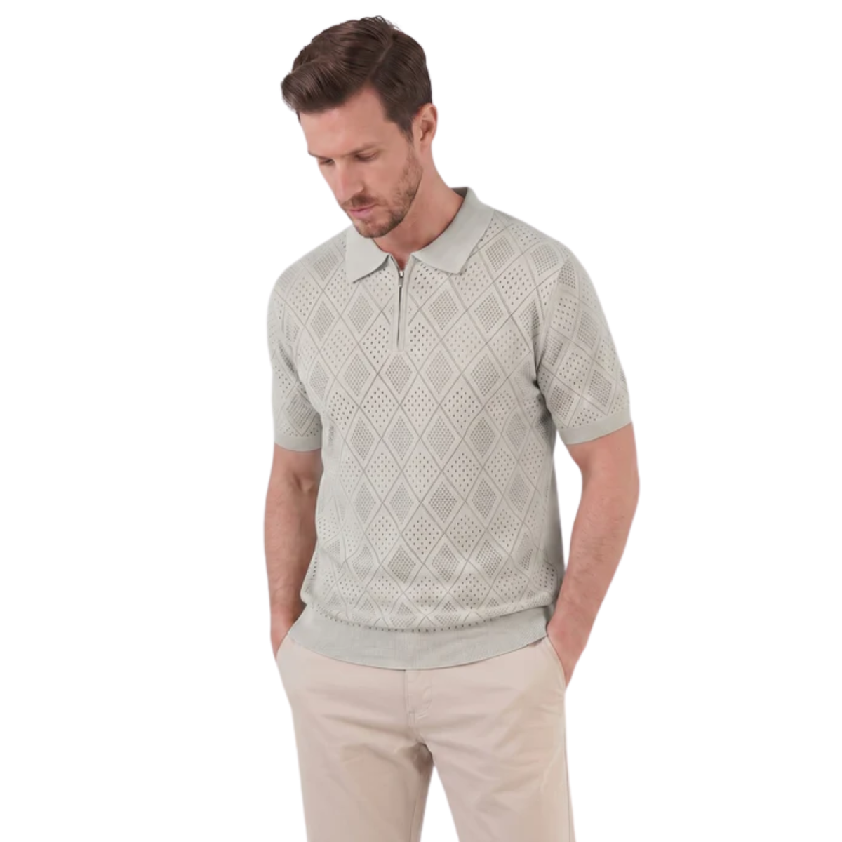 Men's openwork knit polo with zipper — travel — Khaki