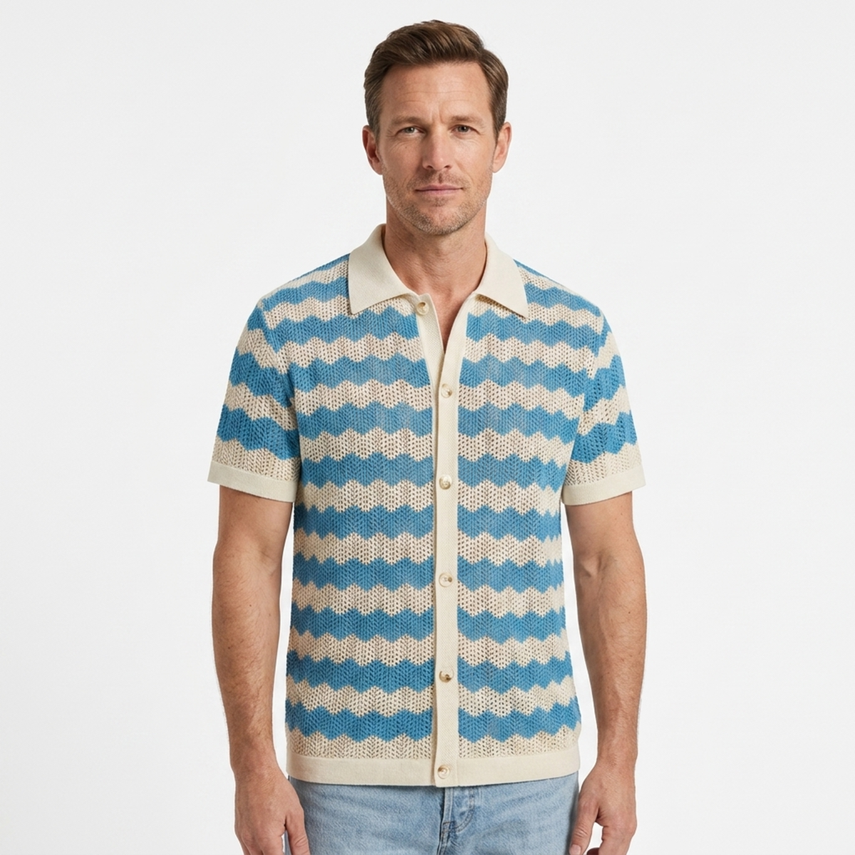Herren-Poloshirt in Strickoptik mit Knopfverschluss und Jacquardmuster — Hellblau