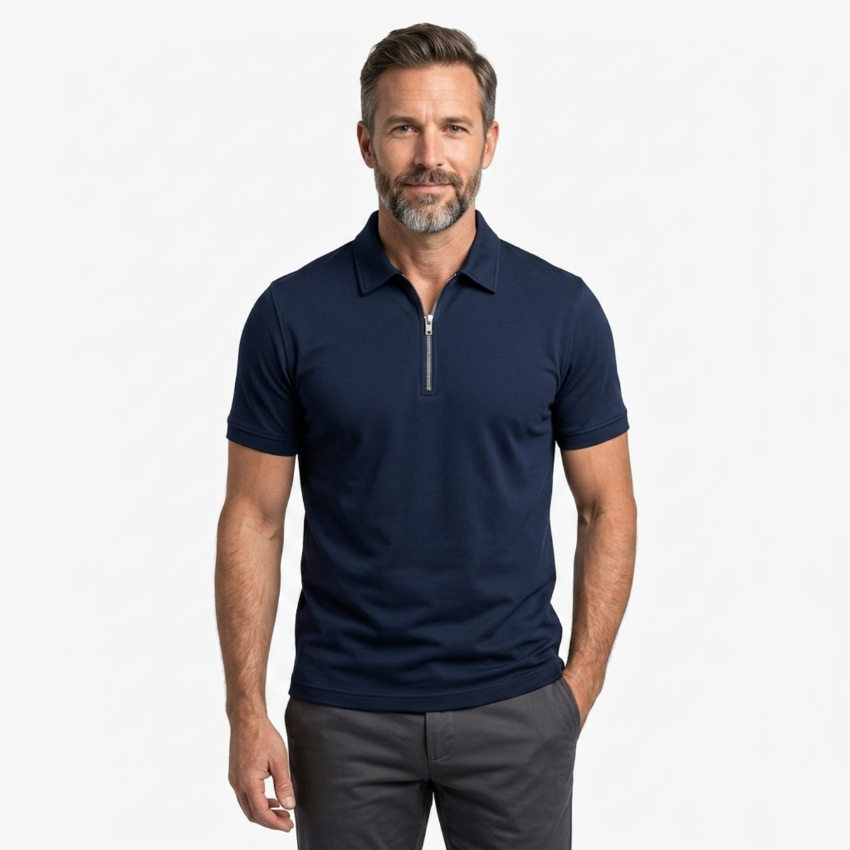 Men's polo with zip collar and short sleeves — casual — Navy Blue