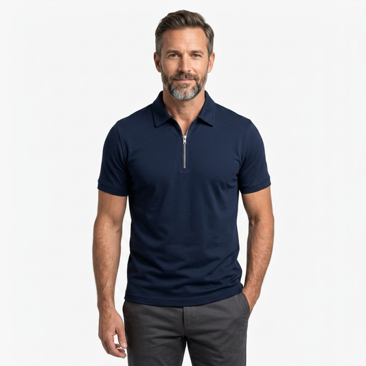 Men's polo with zip collar and short sleeves — casual — Navy Blue