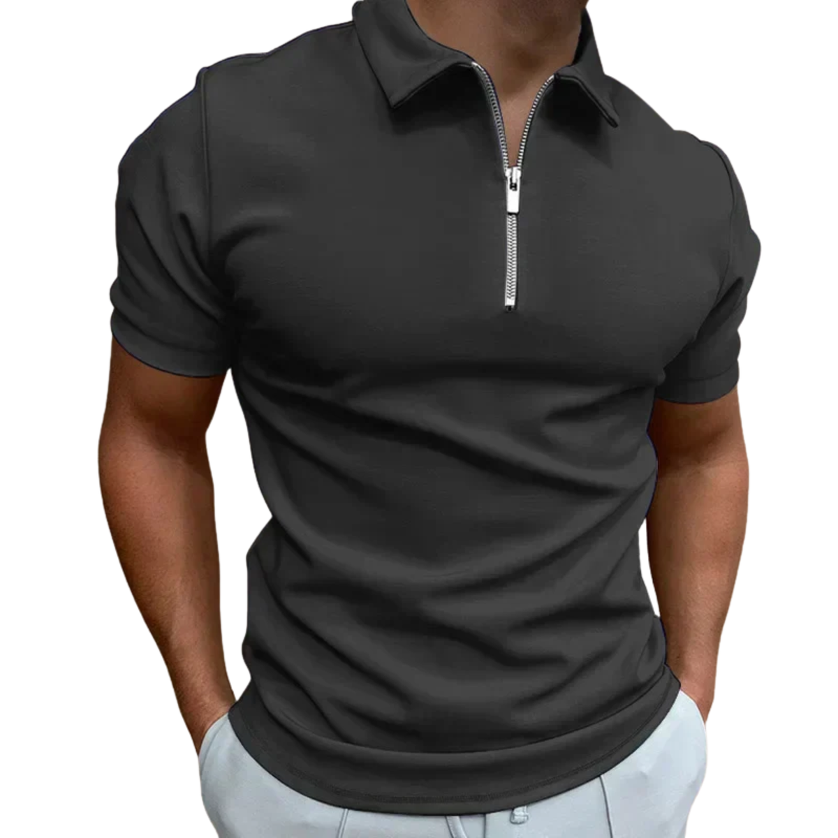Men's polo with zip collar and short sleeves — casual — Dark Gray