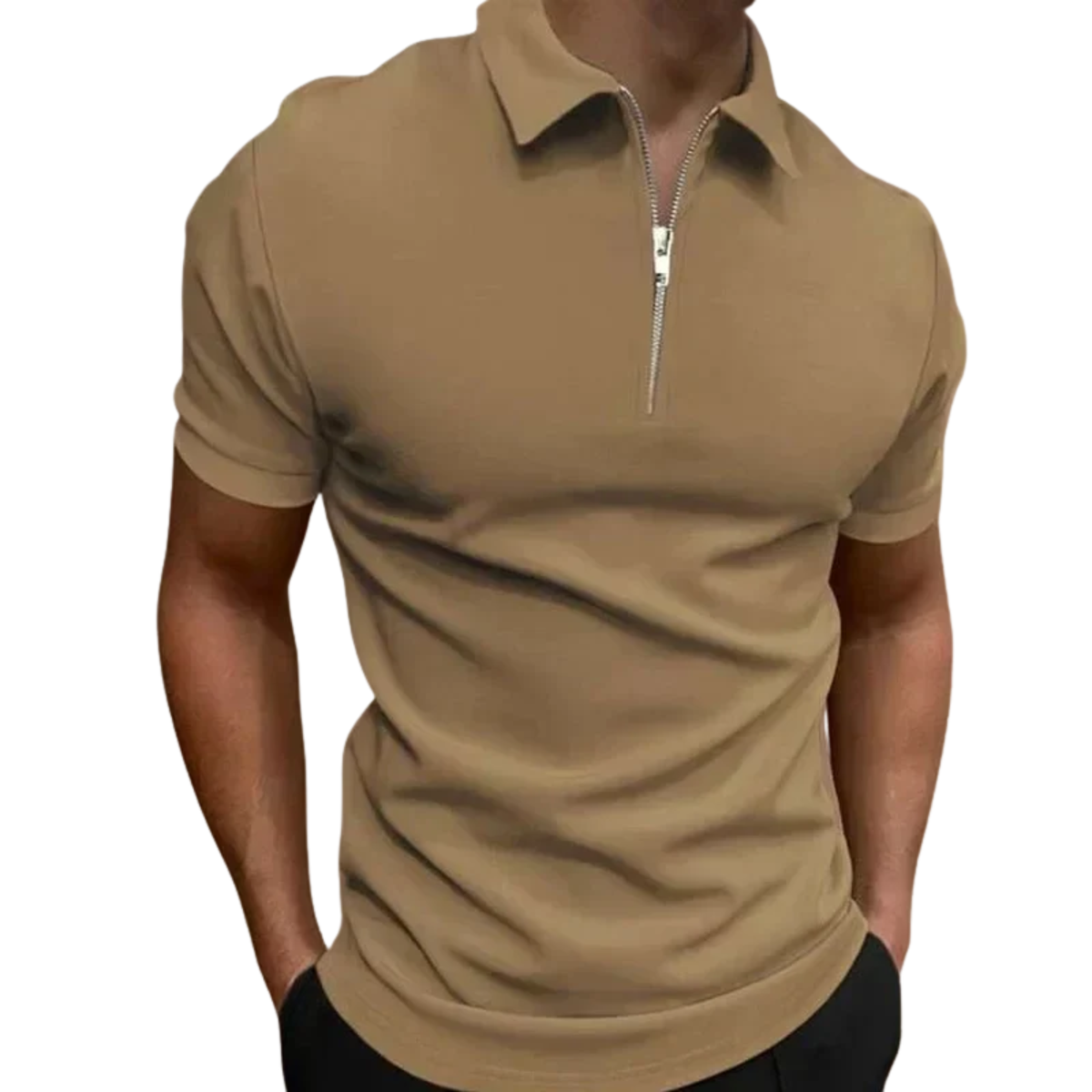 Men's polo with zip collar and short sleeves — casual — Khaki