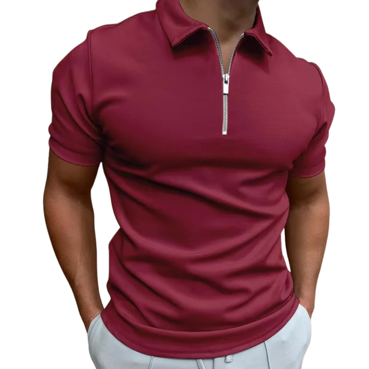 Men's polo with zip collar and short sleeves — casual — Burgundy