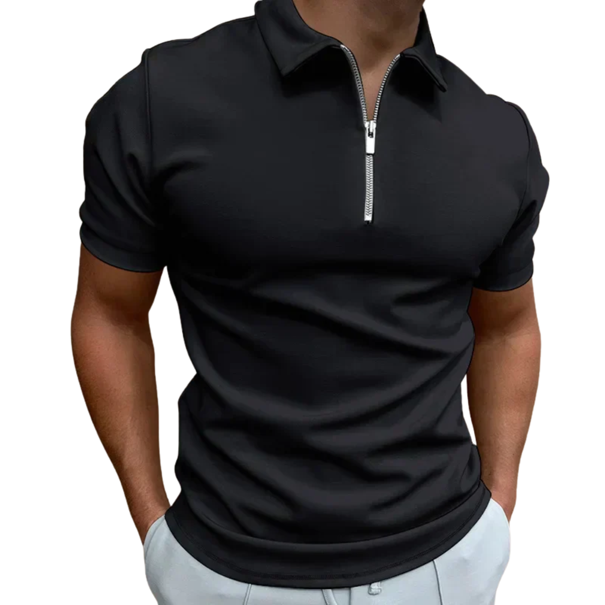 Men's polo with zip collar and short sleeves — casual — Black