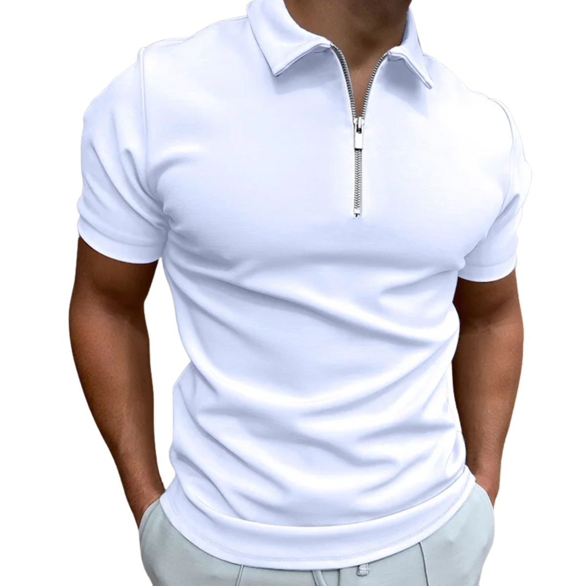 Men's polo with zip collar and short sleeves — casual — White