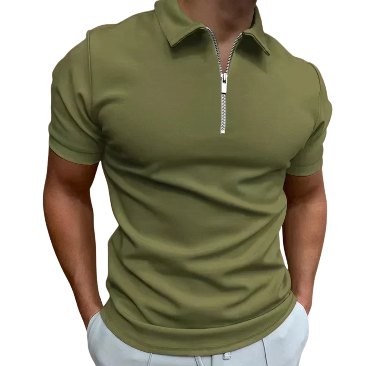 Men's polo with zip collar and short sleeves — casual — Green