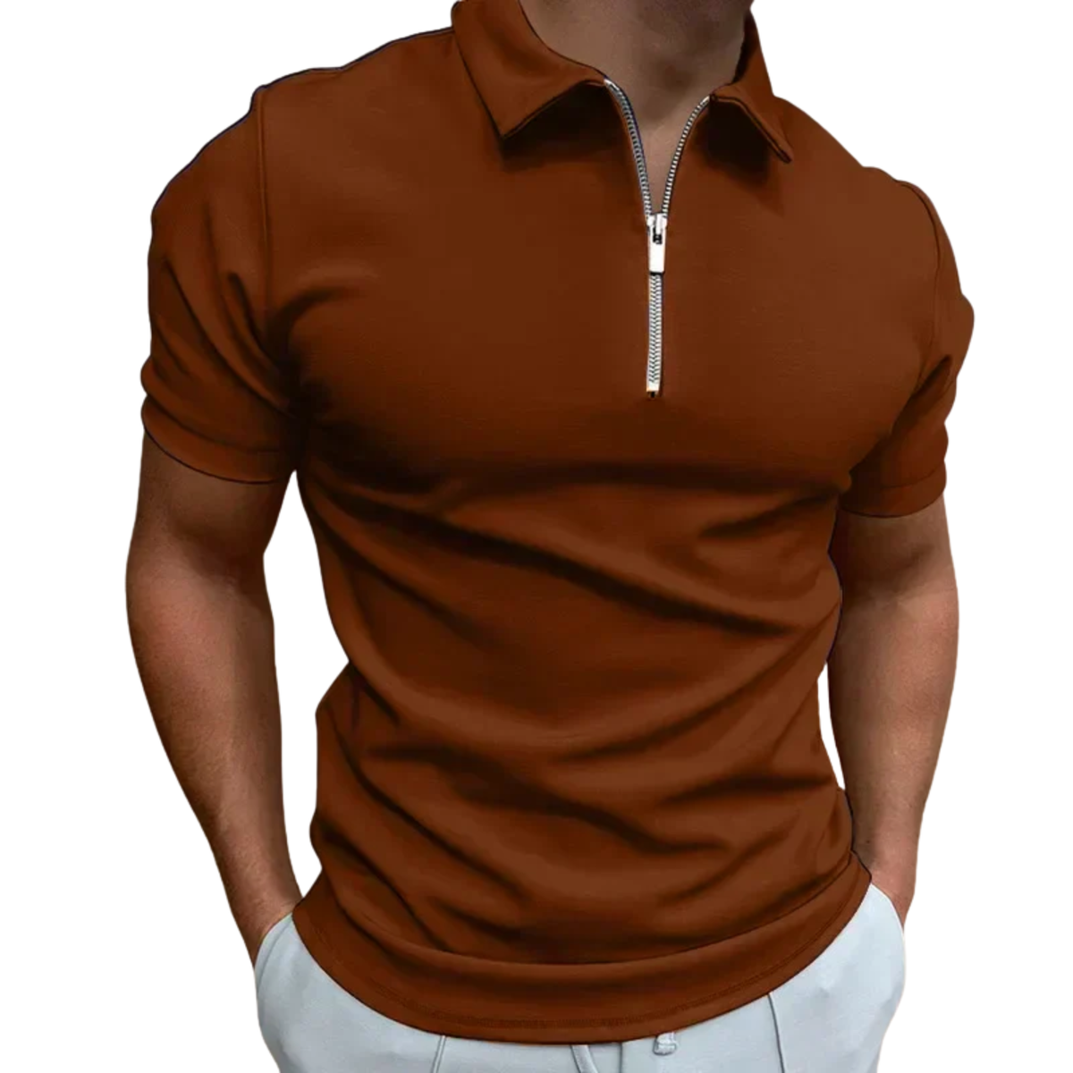 Men's polo with zip collar and short sleeves — casual — Brown