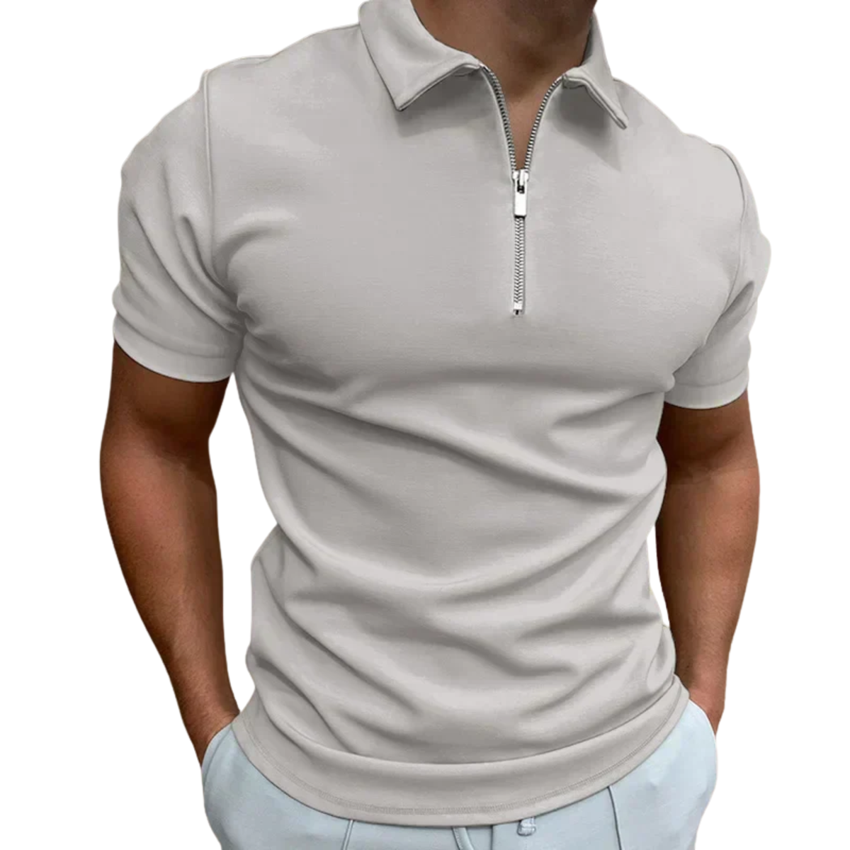 Men's polo with zip collar and short sleeves — casual — Light Gray