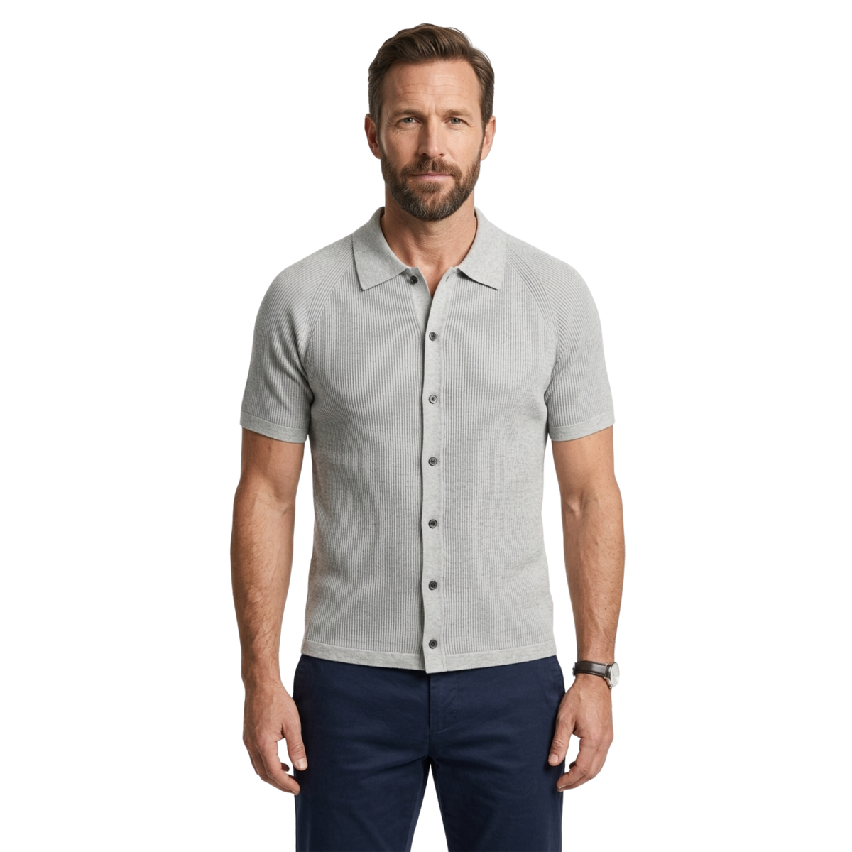 Men's polo shirt — ribbed knit — casual outfit — Gray