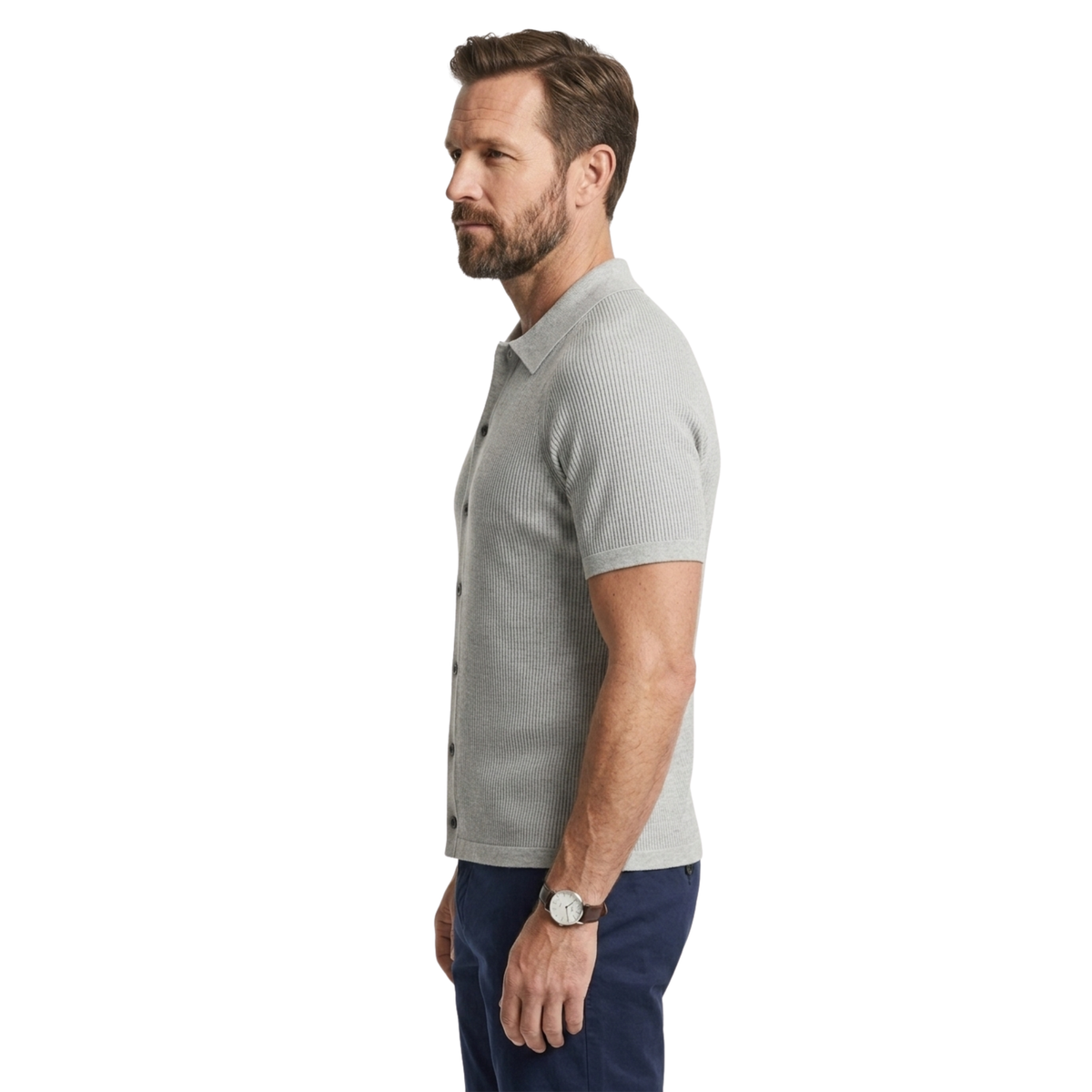 Men's polo shirt — ribbed knit — casual outfit — product view