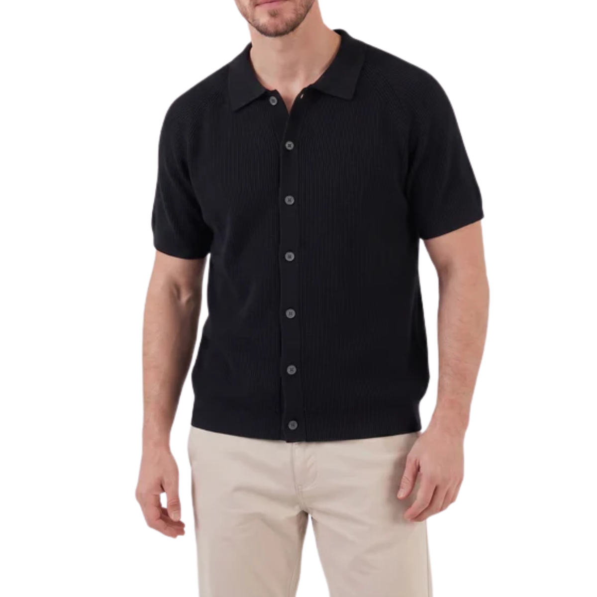 Men's polo shirt — ribbed knit — casual outfit — Black