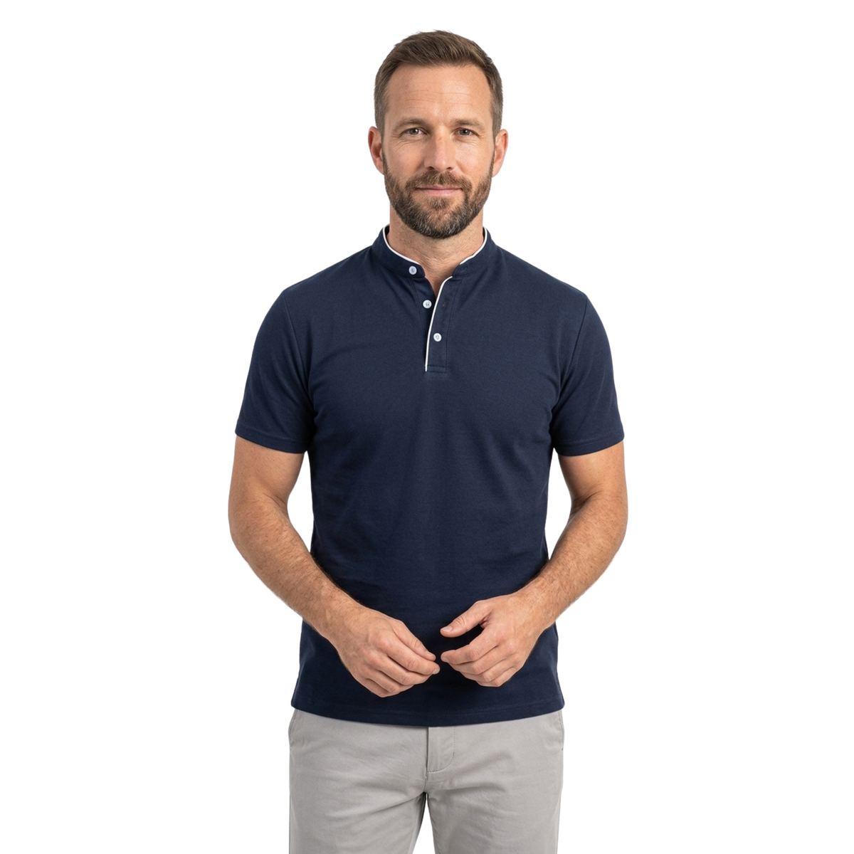 Men's polo shirt — mock neck and short sleeves — professional style — Navy Blue