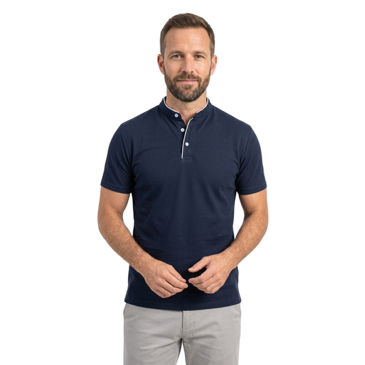 Men's polo shirt — mock neck and short sleeves — professional style — Navy Blue