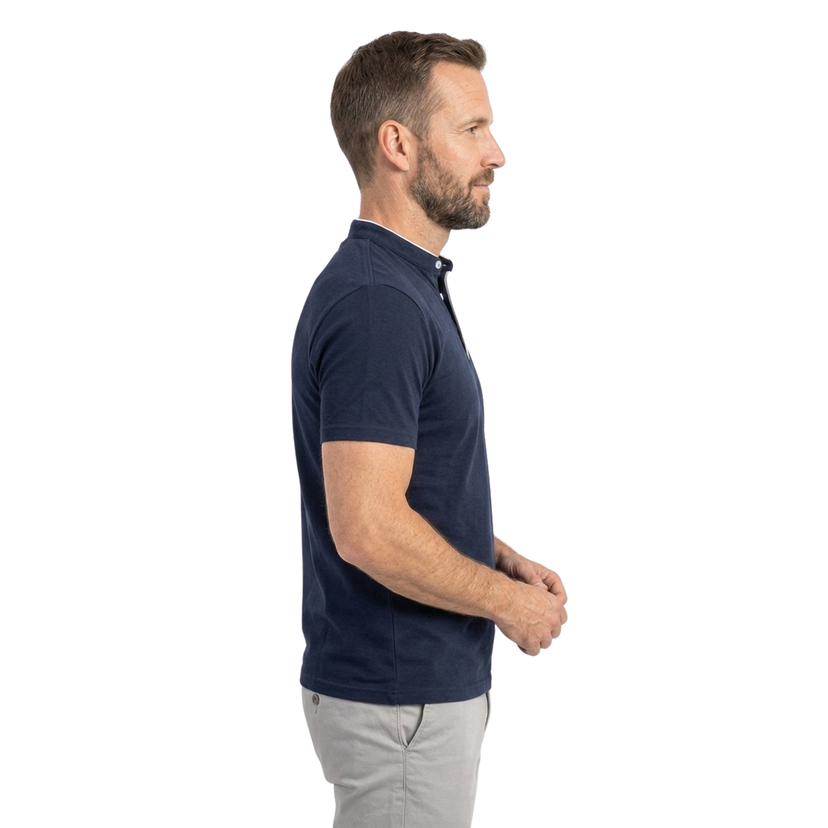 Men's polo shirt — mock neck and short sleeves — professional style — product view