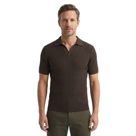Men's knit polo — open collar and ribbed texture — summer style — Coffee Brown