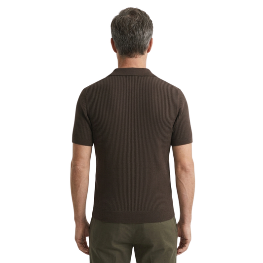 Men's knit polo — open collar and ribbed texture — summer style — product view