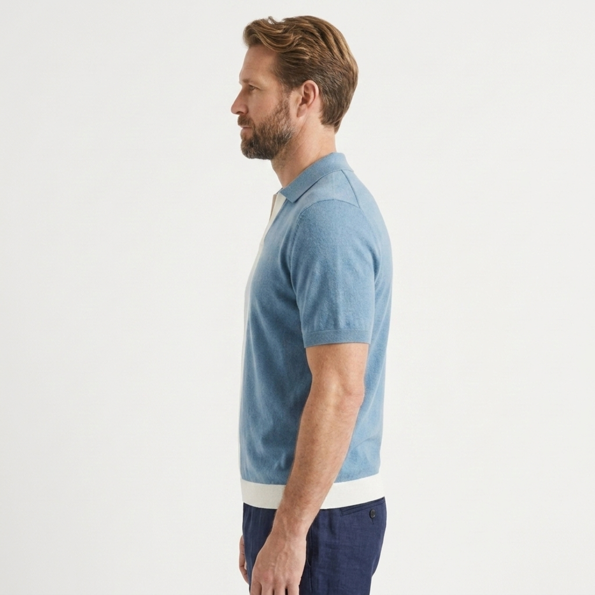 Men's knit polo shirt — horizontal stripes — casual style — product view