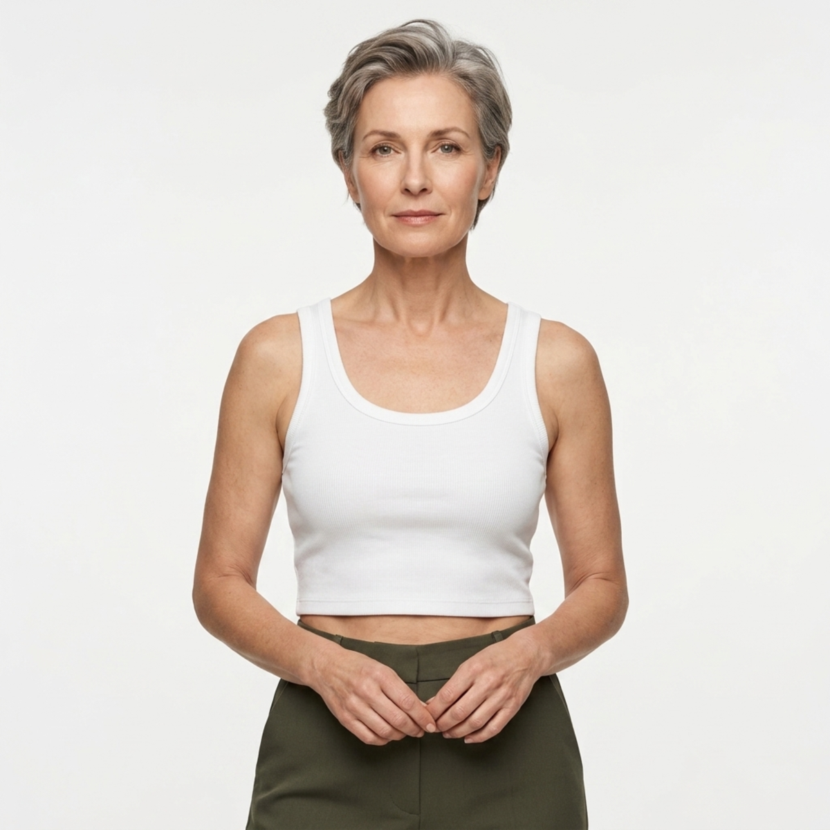 Women's cropped tank top — ribbed knit — square neckline — White