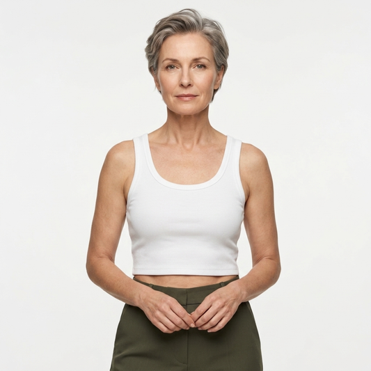 Women's cropped tank top — ribbed knit — square neckline — White