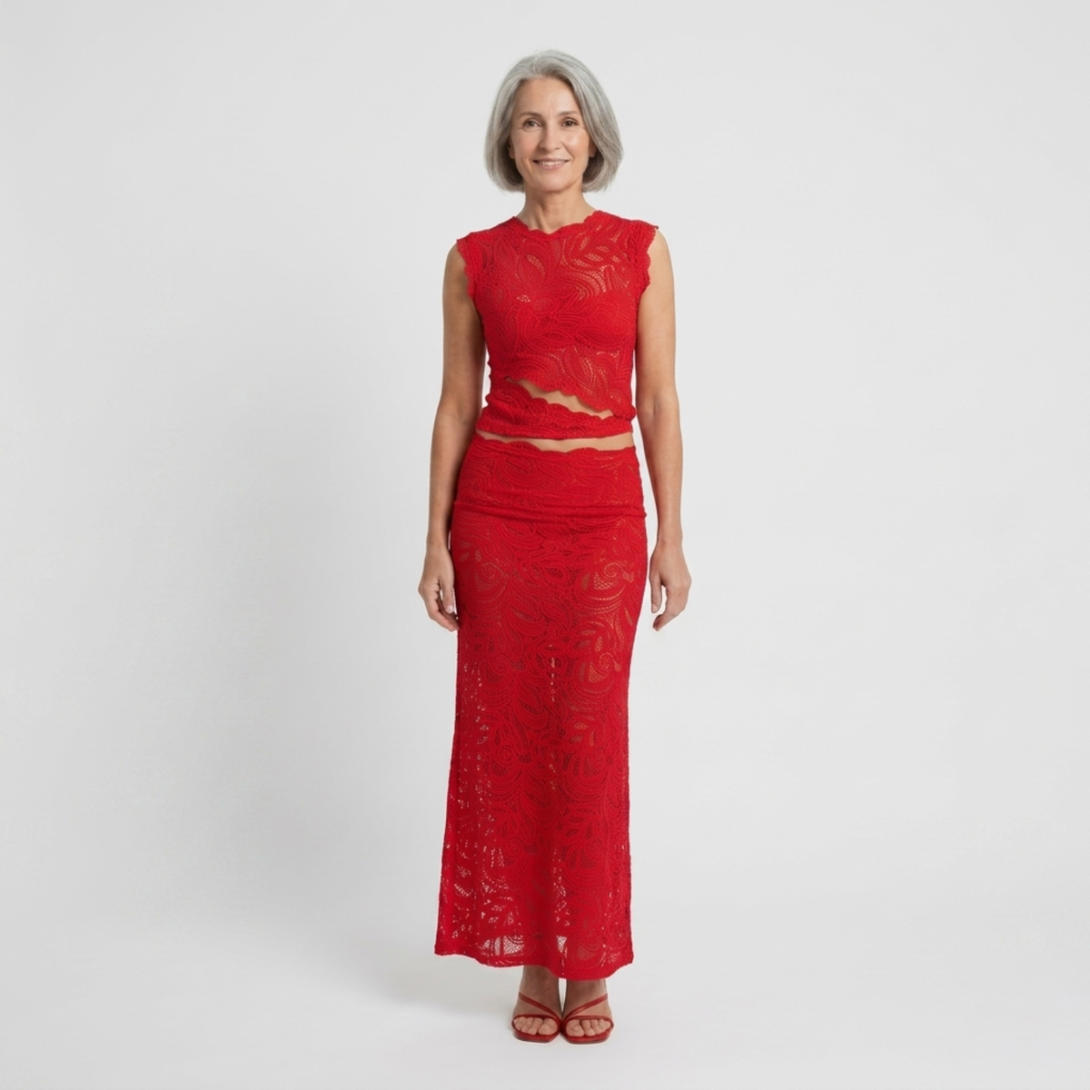 Women's lace crop top and mermaid skirt set — evening and party — Red