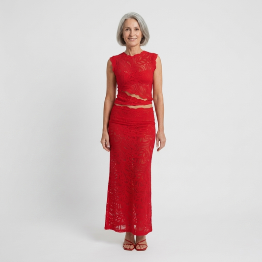 Women's lace crop top and mermaid skirt set — evening and party — Red