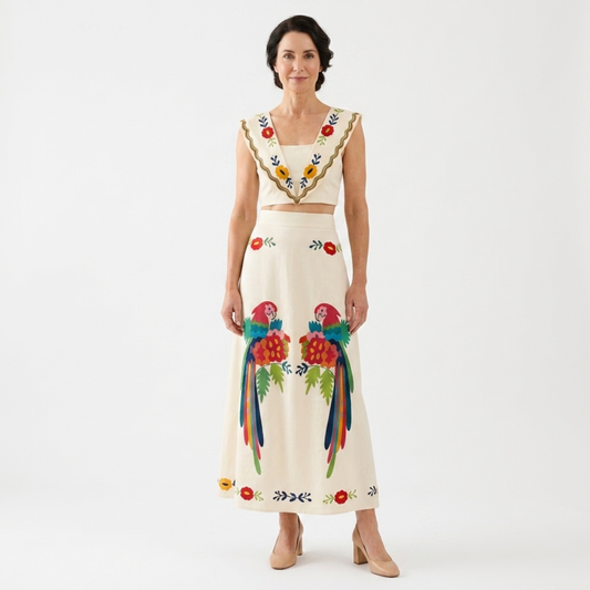 Crop top and long skirt set — tropical print — summer vacation — Beige