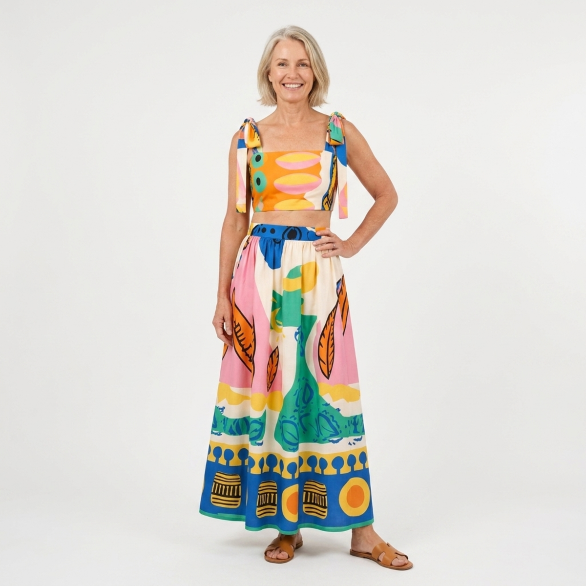 Printed crop top and long skirt set — two pieces — summer vacation — Yellow/Green/Blue/Pink