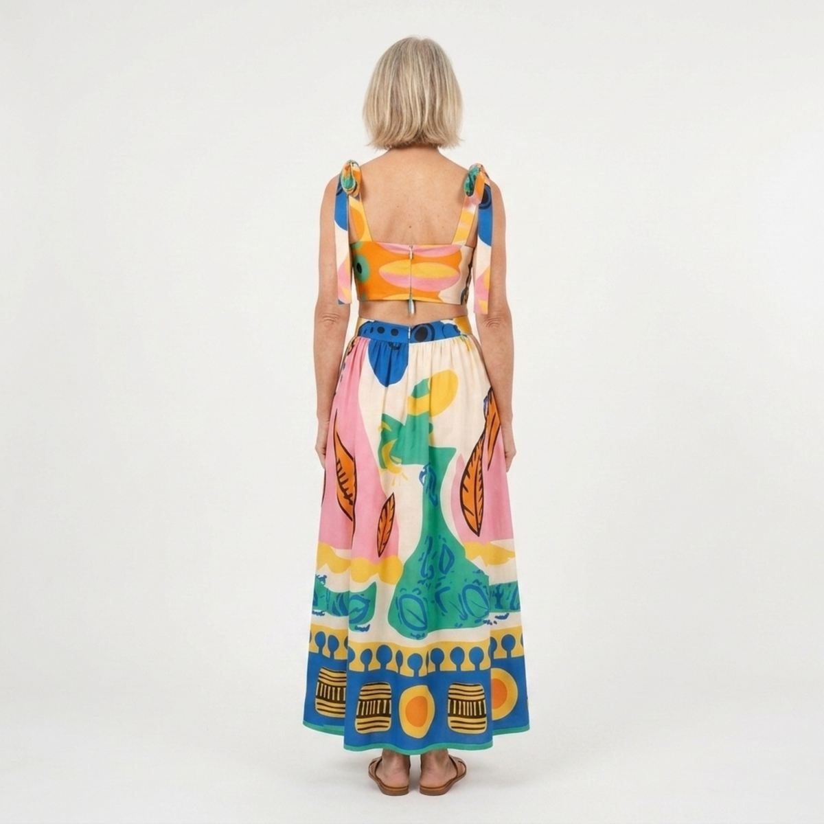 Printed crop top and long skirt set — two pieces — summer vacation — product view