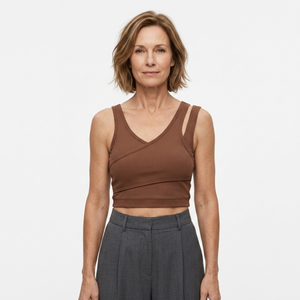 Short crop tank top — V-neck — bohemian style — Brown