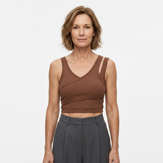 Short crop tank top — V-neck — bohemian style — Brown