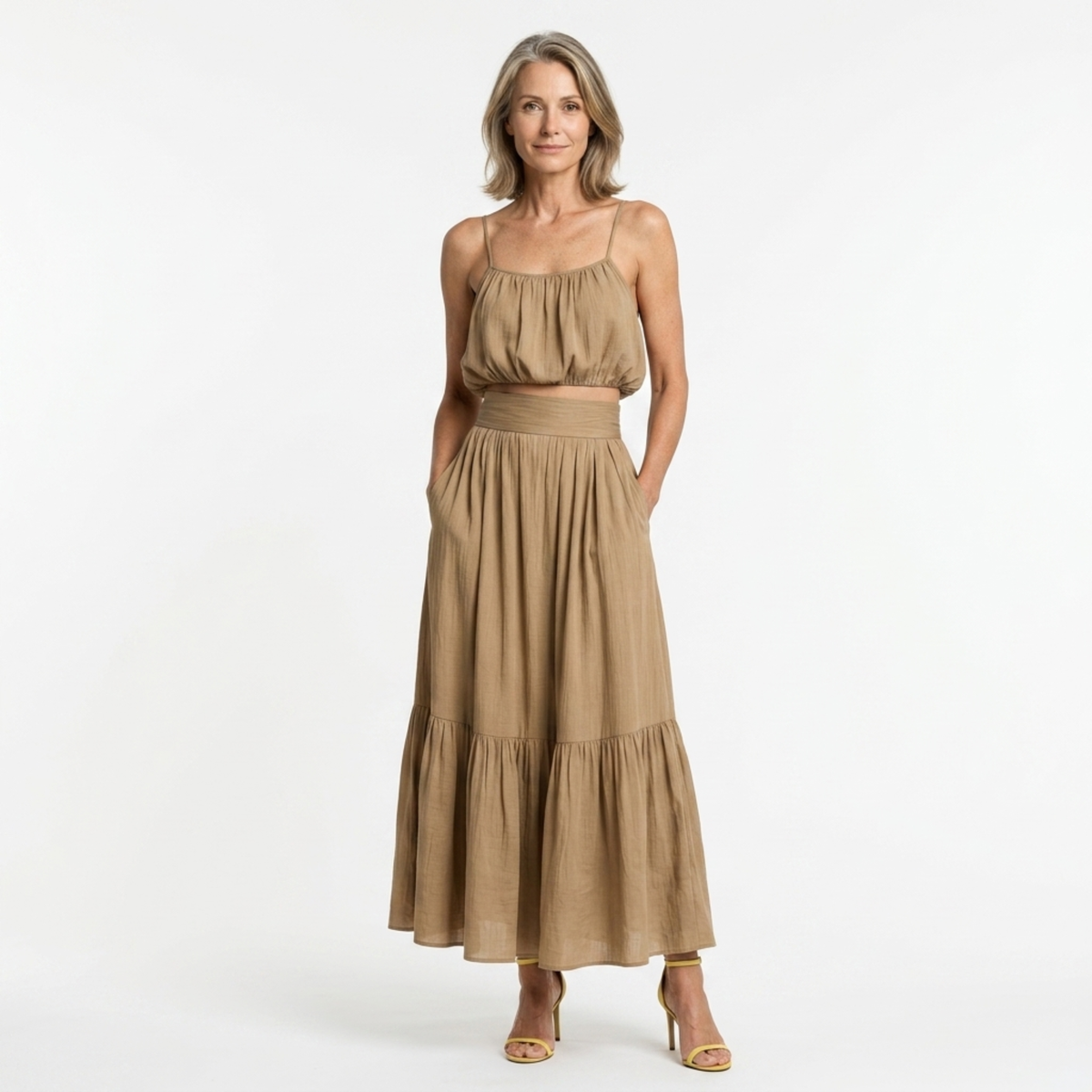 Women's crop top and long skirt set — flowing silhouette — beach — Khaki
