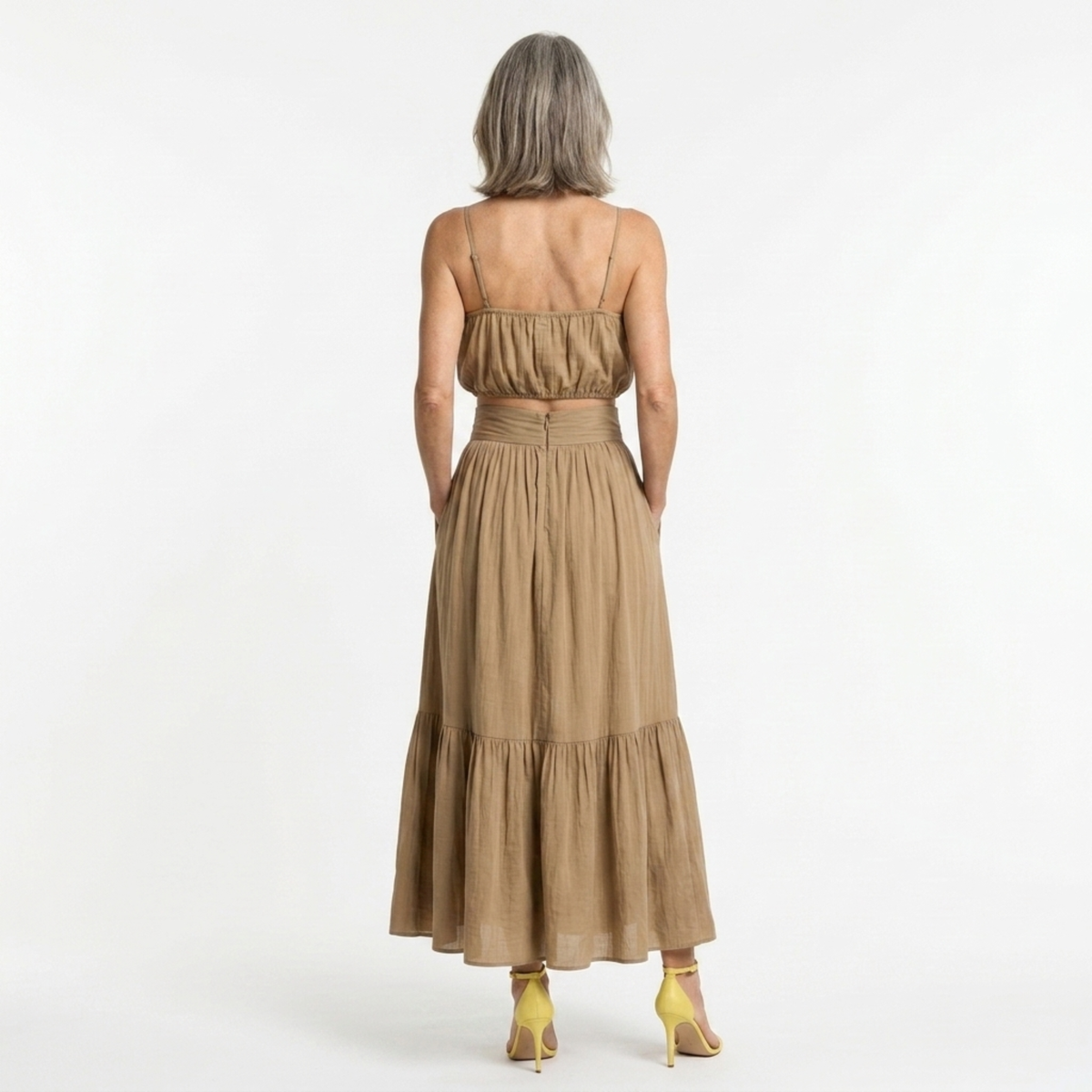 Women's crop top and long skirt set — flowing silhouette — beach — product view