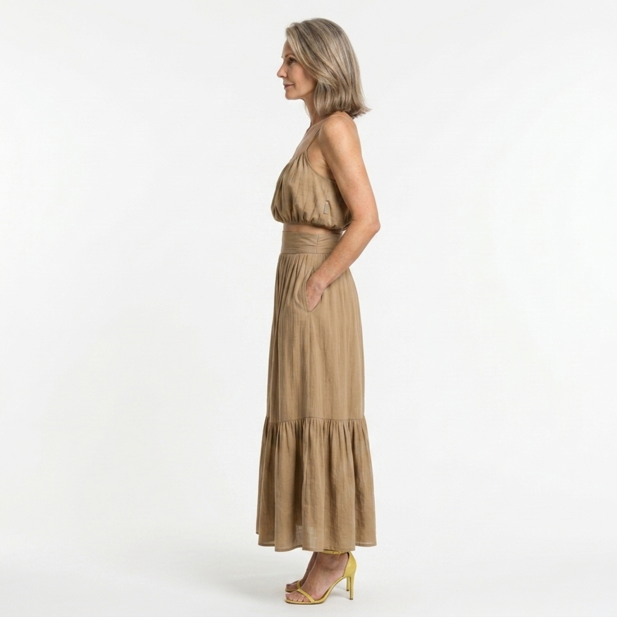 Women's crop top and long skirt set — flowing silhouette — beach — product view