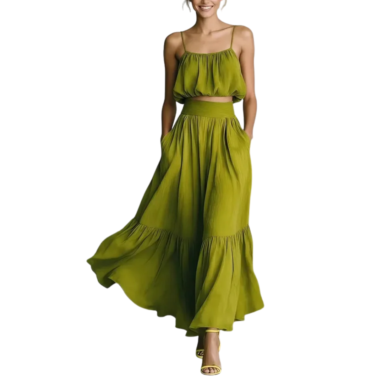 Women's crop top and long skirt set — flowing silhouette — beach — Olive