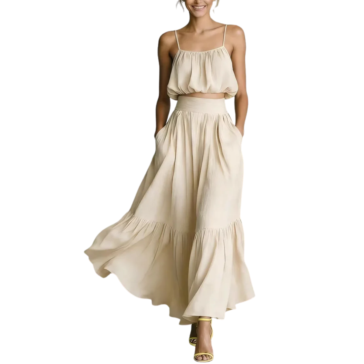 Women's crop top and long skirt set — flowing silhouette — beach — Apricot