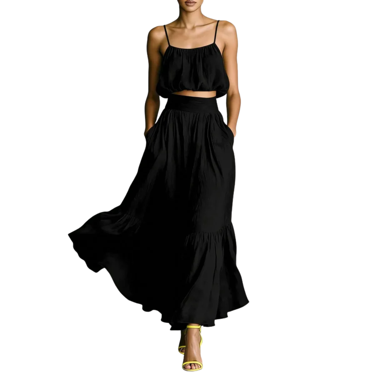 Women's crop top and long skirt set — flowing silhouette — beach — Black