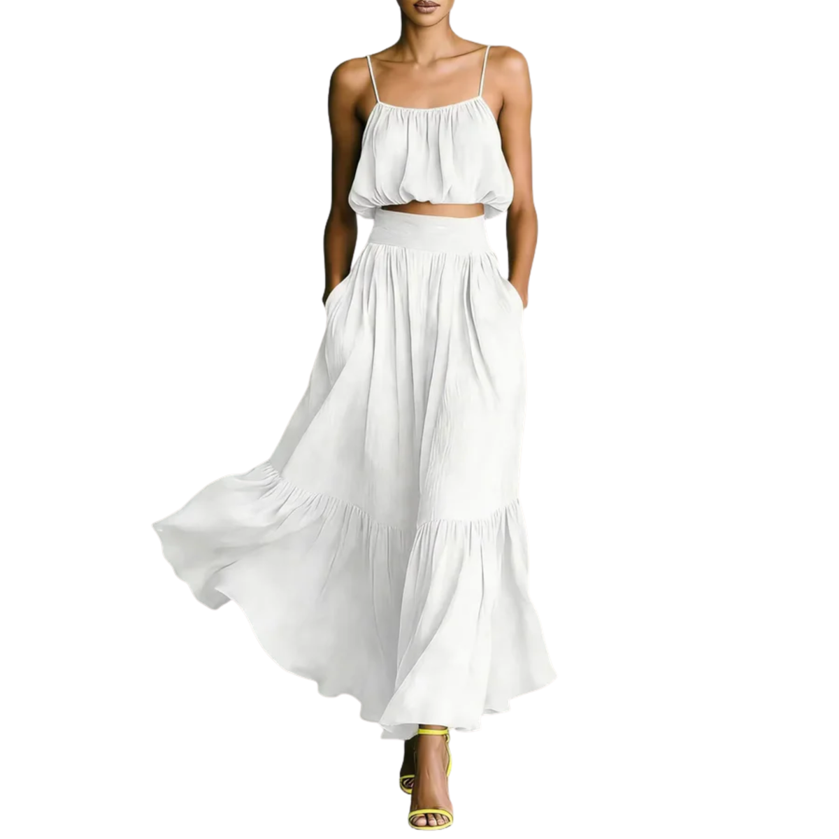 Women's crop top and long skirt set — flowing silhouette — beach — White