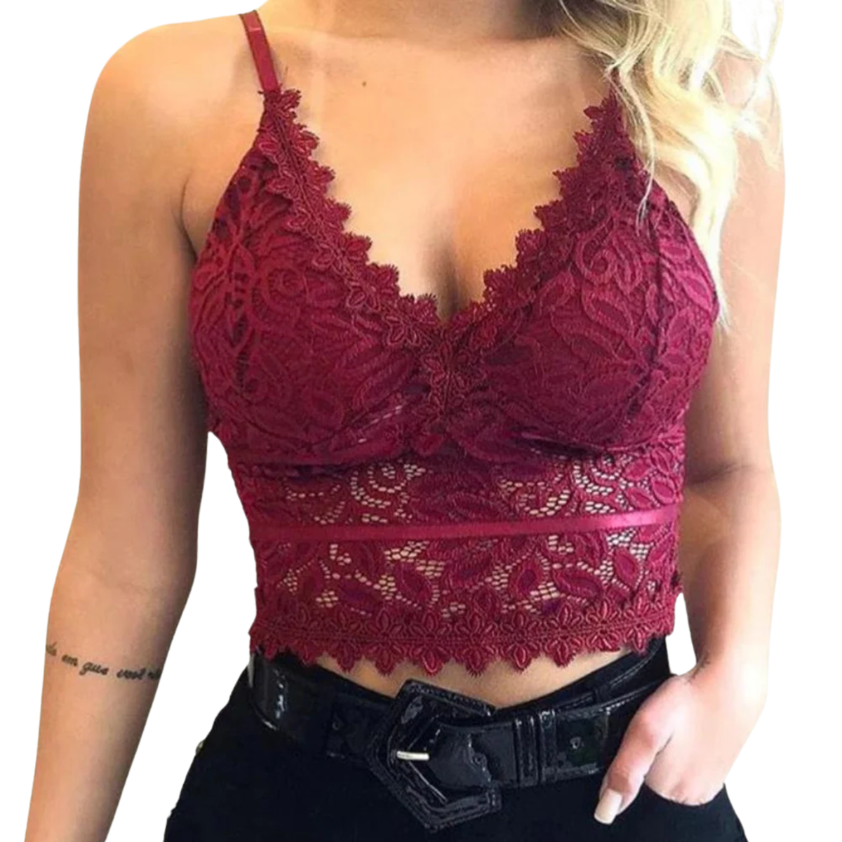 Short lace crop top for women — V-neck — chic look — Burgundy