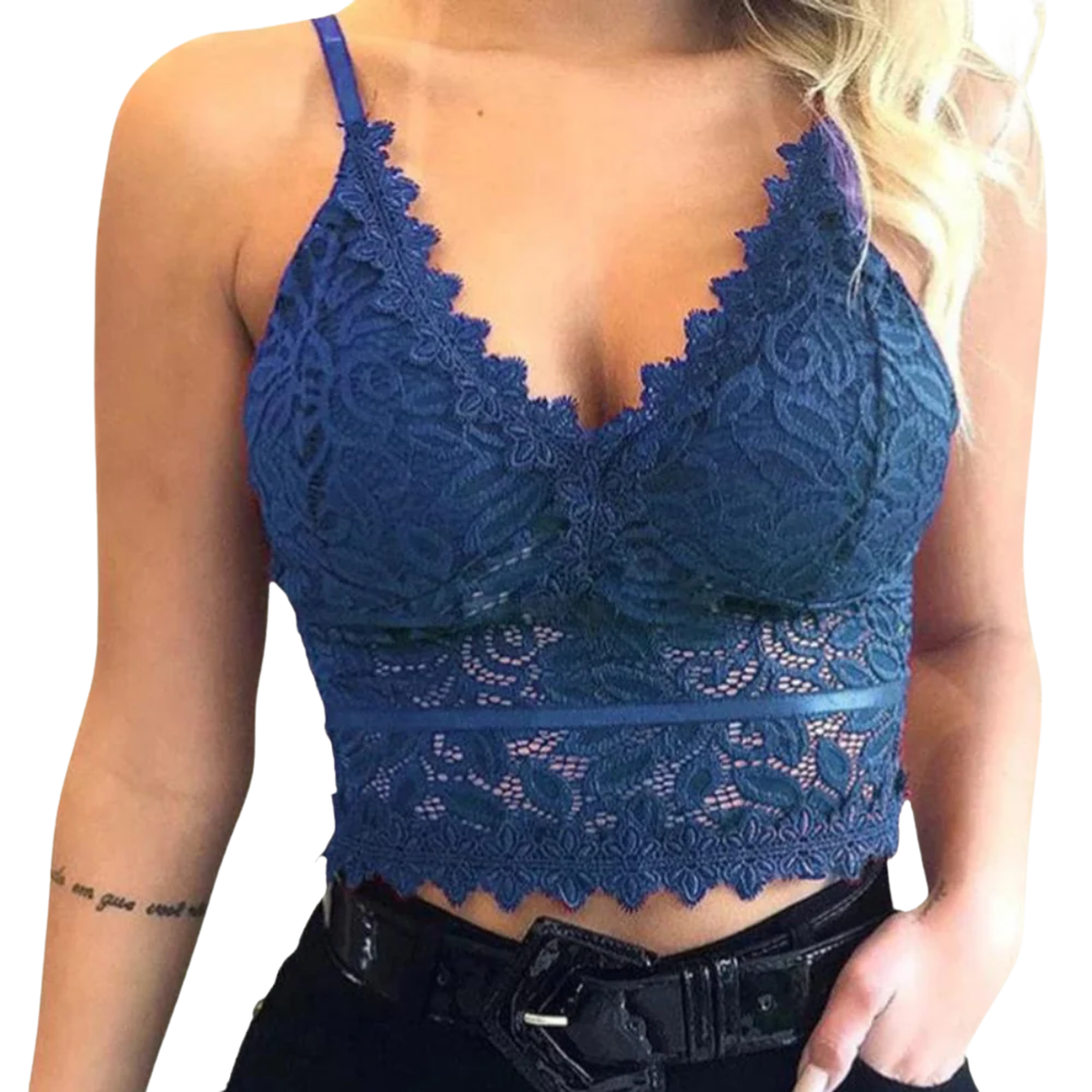 Short lace crop top for women — V-neck — chic look — Blue
