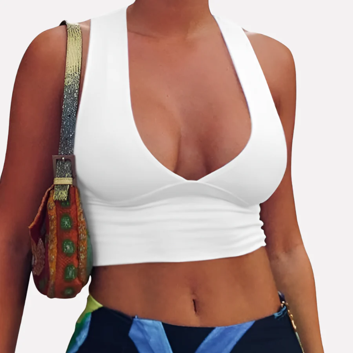 Short crop top for women with racerback — V-neck — summer — White