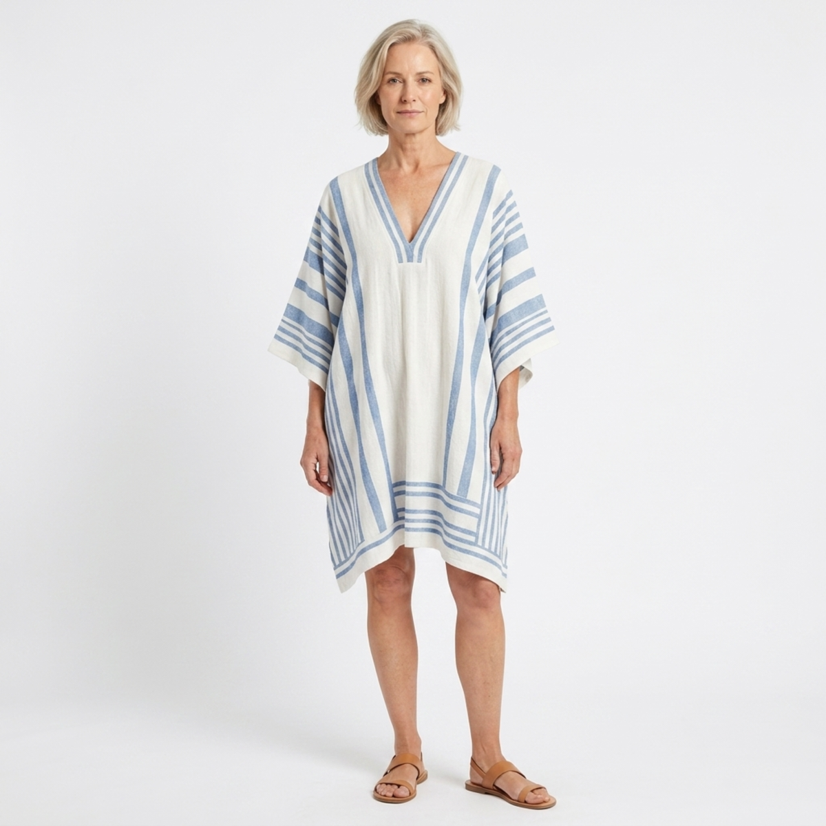 Striped kimono tunic for women — loose fit — beach and travel — White